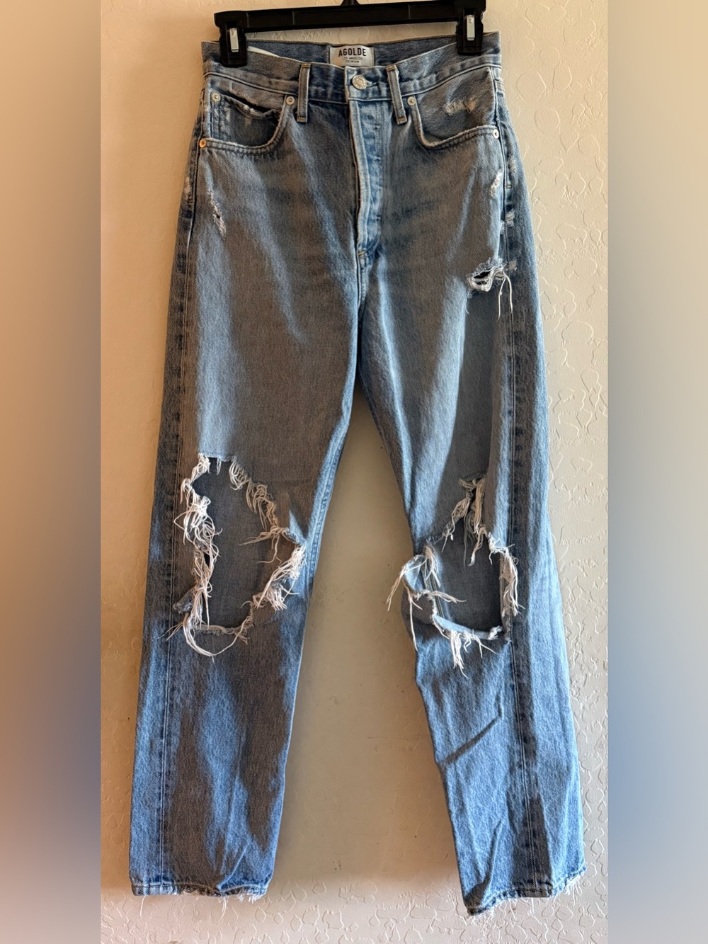 AGOLDE, size 23, 90's distressed button fly  jeans crafted from 100% cotton